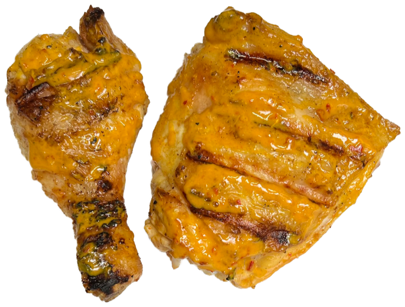 Two pieces of flame-grilled peri peri chicken, basted in sauce