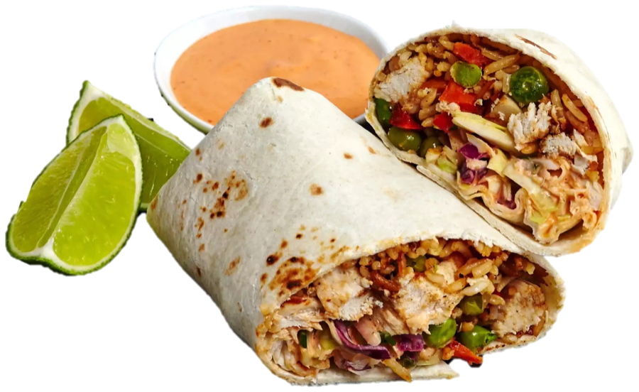 Peri burrito cut in half with peri dip and lime wedges