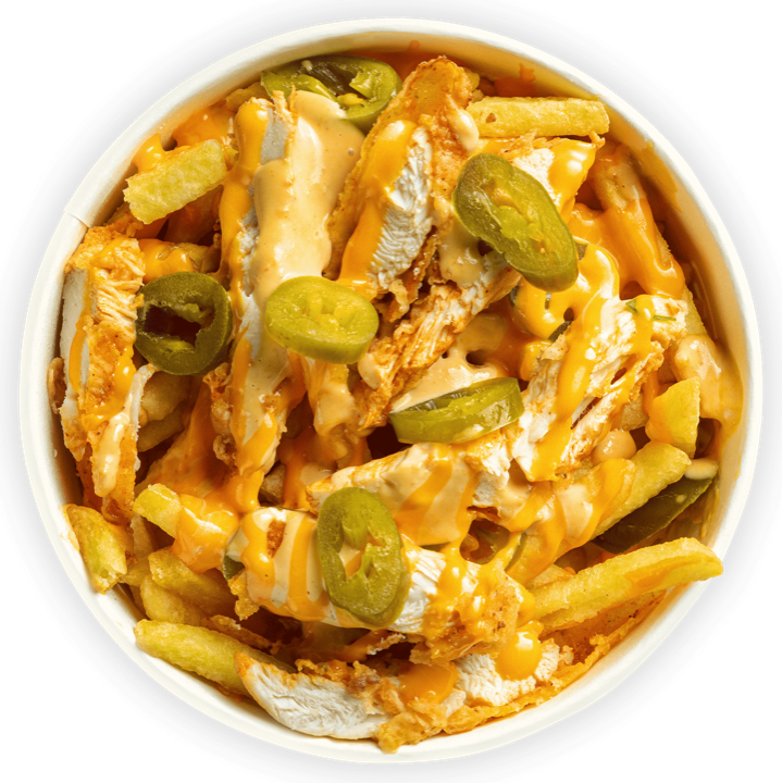 Chicken loaded fries topped with cheese sauce and jalapenos