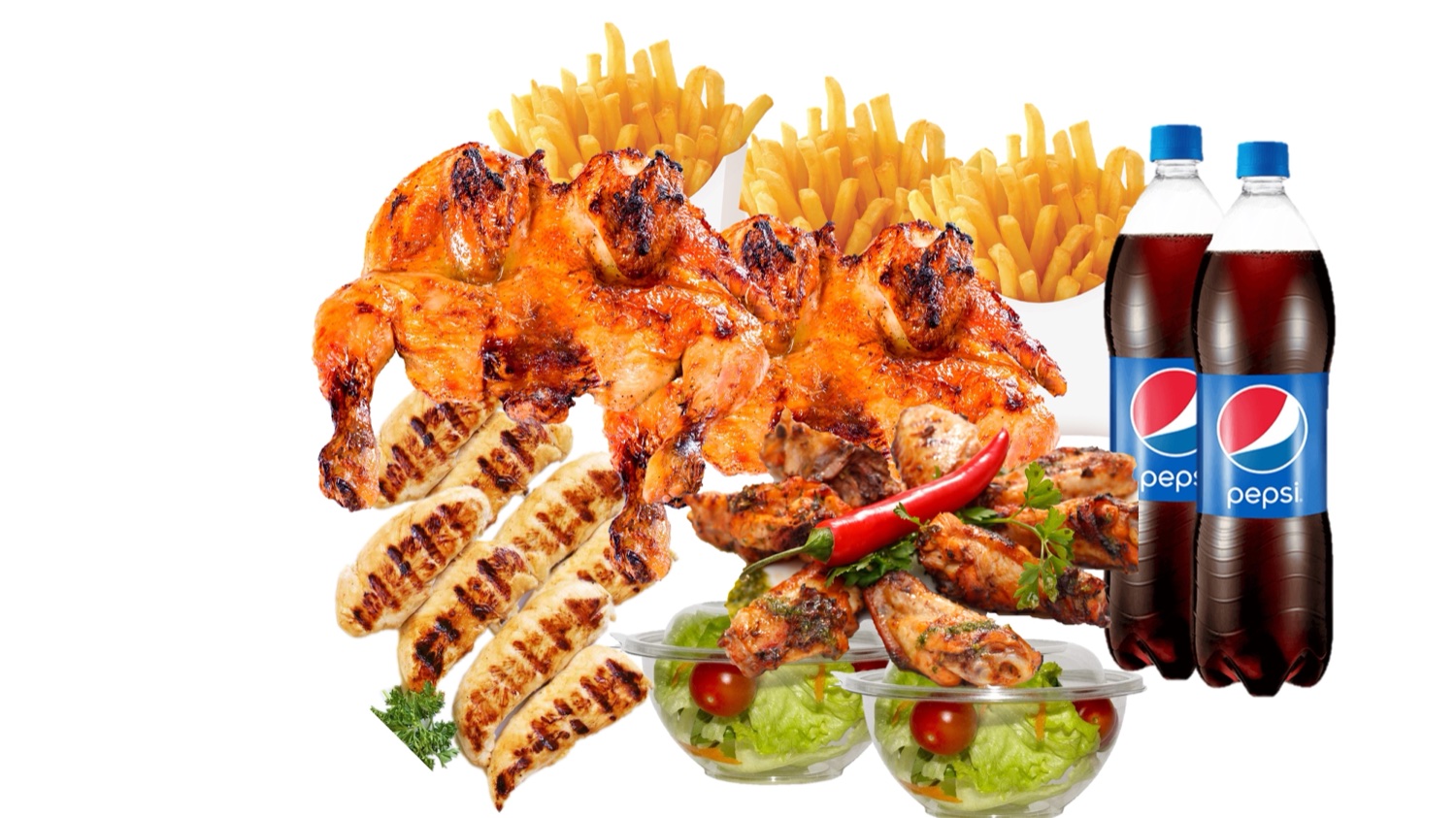 Mega mixed platter — grilled chicken, wings, strips, chips, salad and drinks